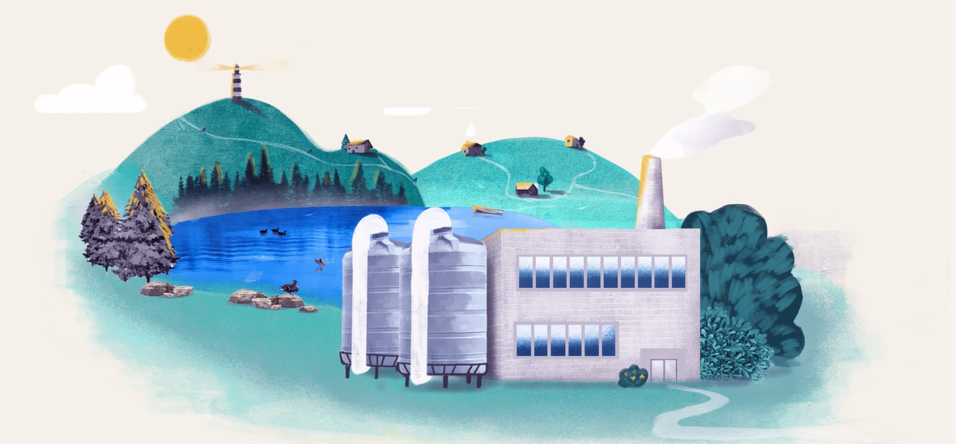 Illustration of a manufacturing plant and a natural landscape