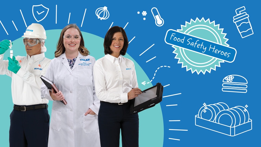Illustration with three Ecolab associates in white lab coats and text that reads "Food Safety Heroes."