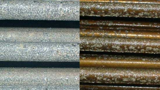 Before and after image of pipes affected by white rust and pipes cleaned through the white rust inhibitor program.