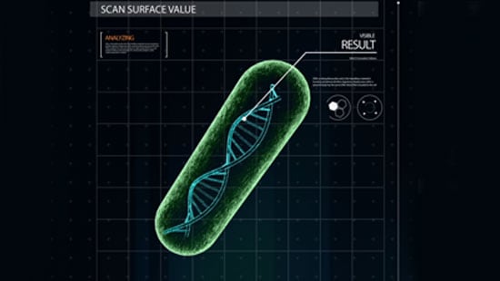 MAP monitoring scan of the DNA structure of a microbe with labels and small diagrams around it against a grid background.