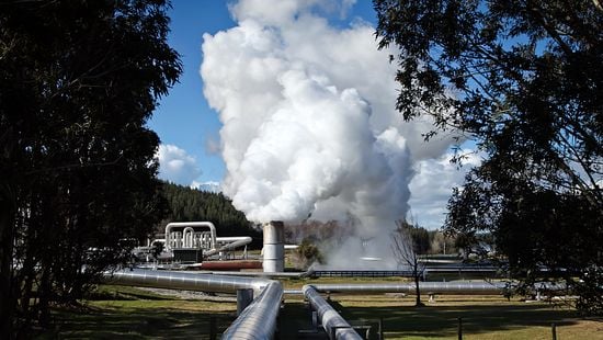 Steam flowing out of a geothermal power plant surrounding a clearing in a forest.